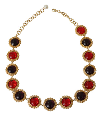 Dolce &amp; Gabbana Rode Paarse Kristallen Bloemenketting Statement Gouden Messing Ketting
