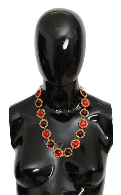 Dolce &amp; Gabbana Rode Paarse Kristallen Bloemenketting Statement Gouden Messing Ketting