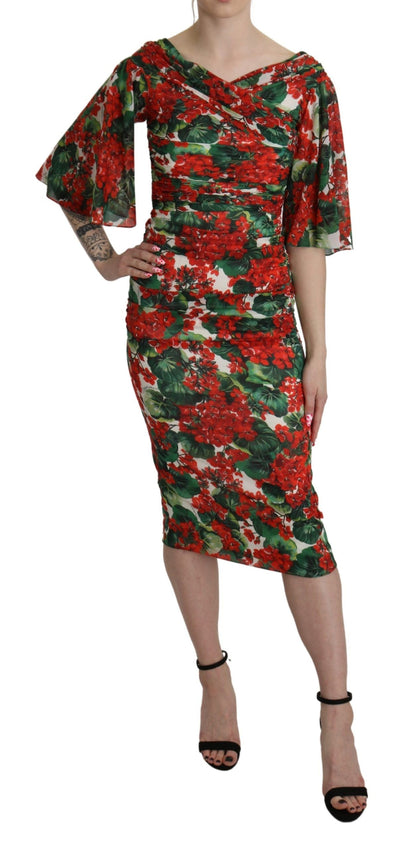 Robe fourreau mi-longue en soie stretch à fleurs rouges Dolce &amp; Gabbana
