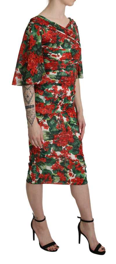 Robe fourreau mi-longue en soie stretch à fleurs rouges Dolce &amp; Gabbana