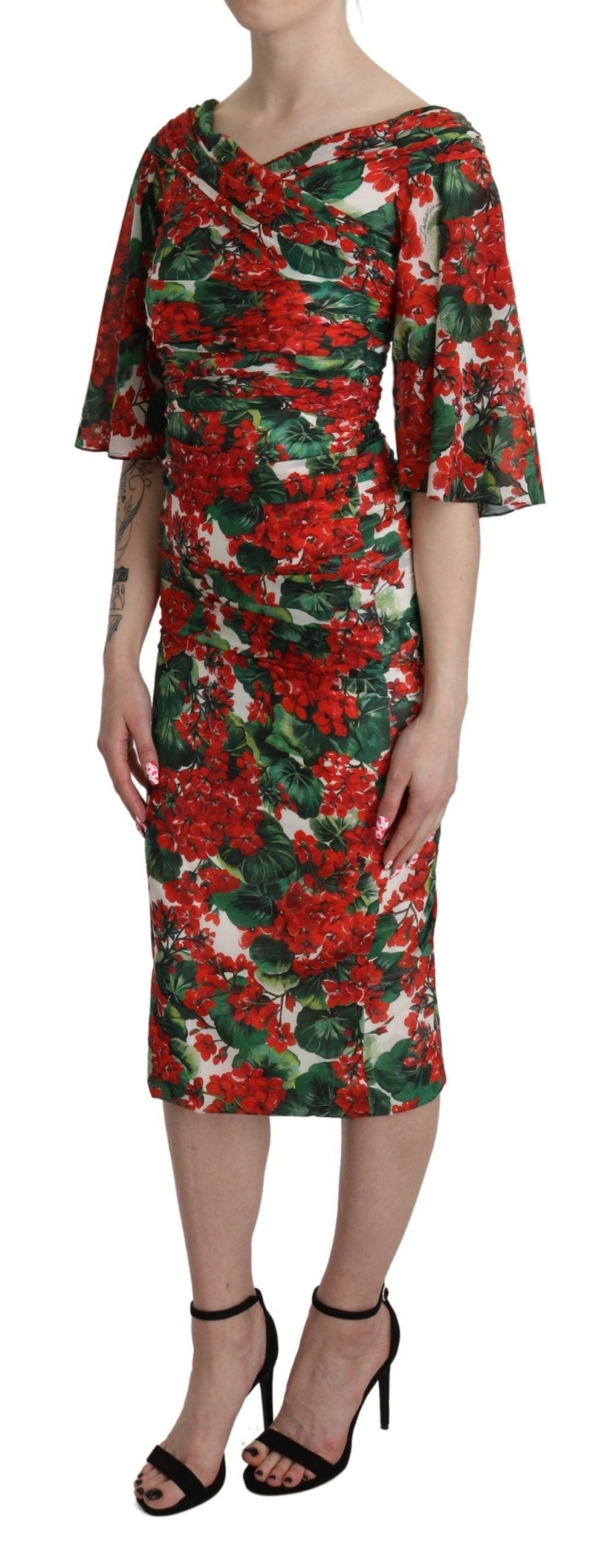 Robe fourreau mi-longue en soie stretch à fleurs rouges Dolce &amp; Gabbana
