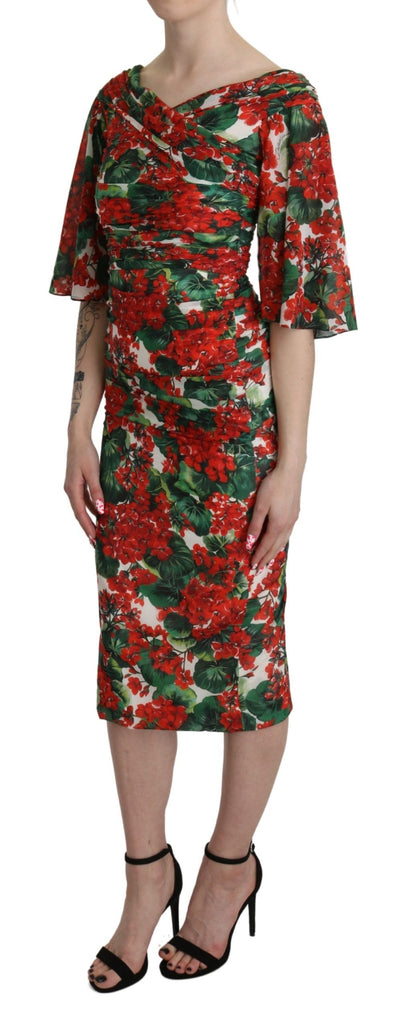 Robe fourreau mi-longue en soie stretch à fleurs rouges Dolce &amp; Gabbana