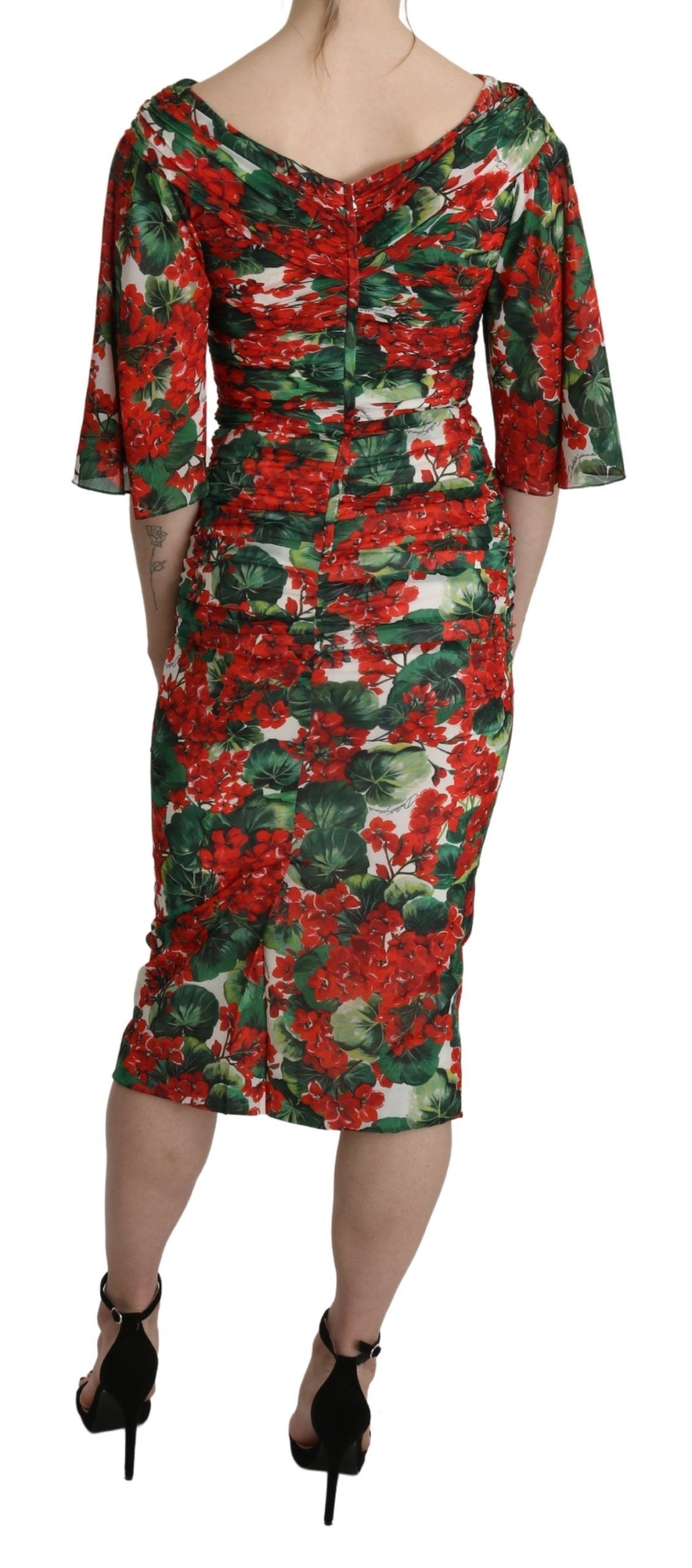 Robe fourreau mi-longue en soie stretch à fleurs rouges Dolce &amp; Gabbana