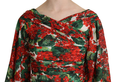 Robe fourreau mi-longue en soie stretch à fleurs rouges Dolce &amp; Gabbana