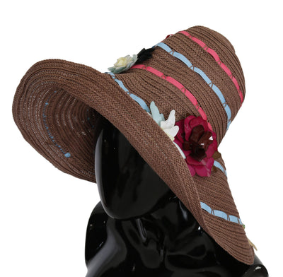 Dolce &amp; Gabbana Chapeau en paille à large bord fleuri marron