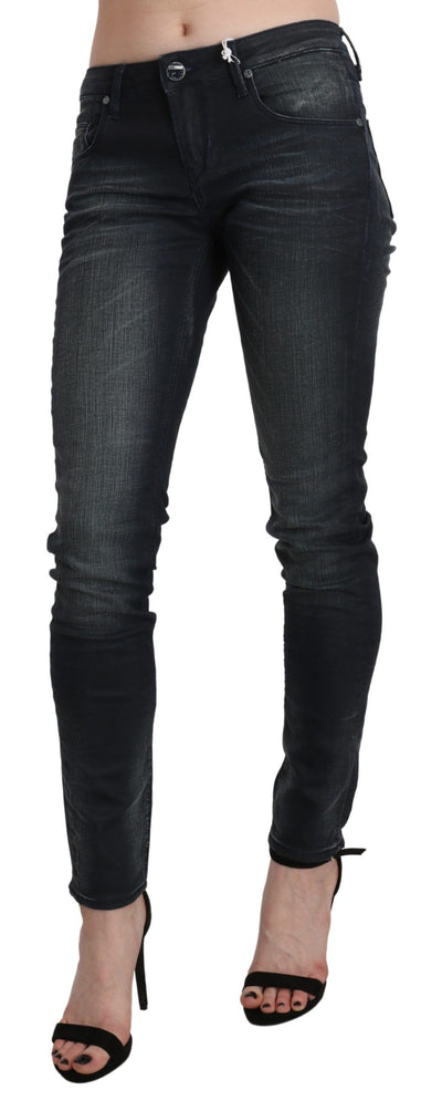 Acht Zwarte Gewassen Lage Taille Skinny Denim Broek