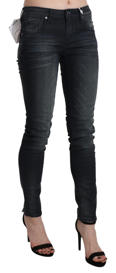 Acht Zwarte Gewassen Lage Taille Skinny Denim Broek