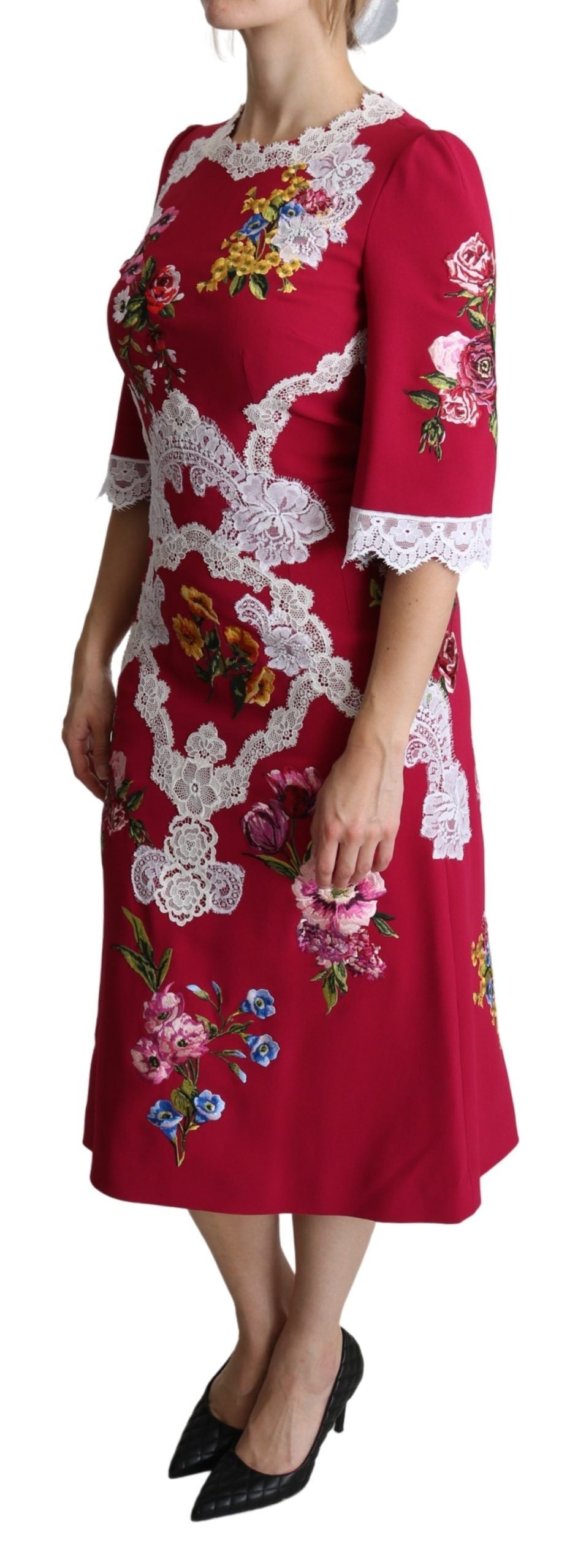 Robe fourreau mi-longue brodée de fleurs rouges Dolce &amp; Gabbana
