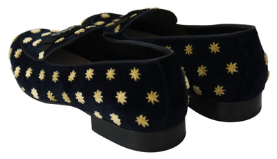 Dolce &amp; Gabbana Blauwe Fluwelen Kroonpantoffels Loafers Schoenen