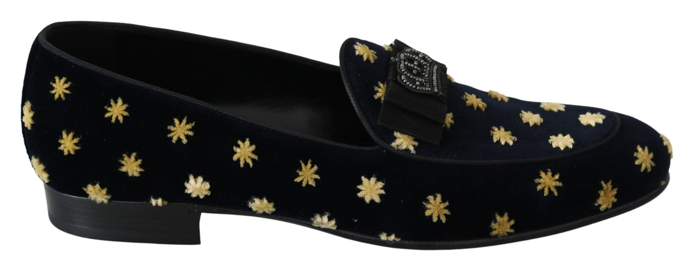 Dolce &amp; Gabbana Blauwe Fluwelen Kroonpantoffels Loafers Schoenen