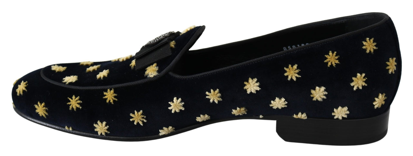 Dolce &amp; Gabbana Blauwe Fluwelen Kroonpantoffels Loafers Schoenen