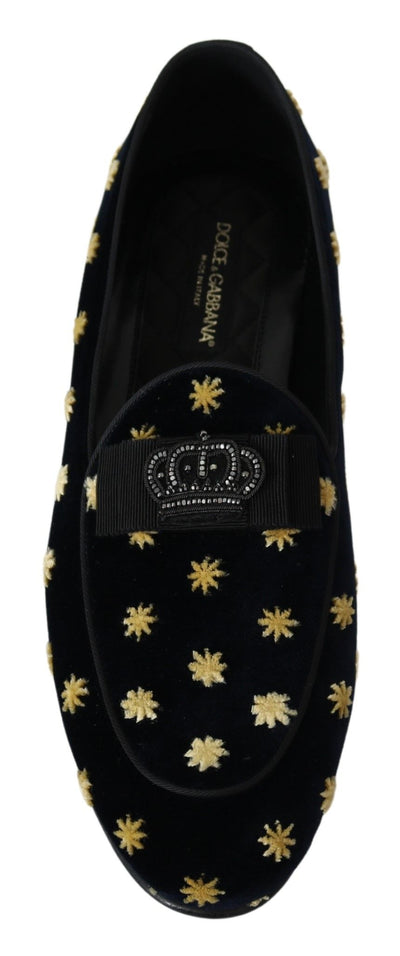 Dolce &amp; Gabbana Blauwe Fluwelen Kroonpantoffels Loafers Schoenen
