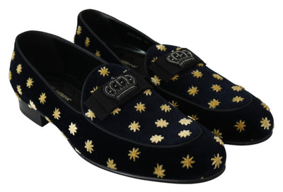 Dolce &amp; Gabbana Blauwe Fluwelen Kroonpantoffels Loafers Schoenen