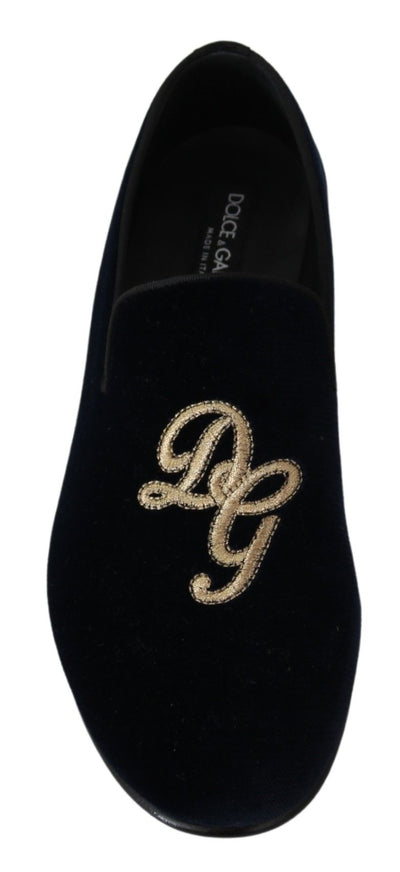 Dolce &amp; Gabbana Blue Velvet Gold Logo Slipper Loafers Schoenen