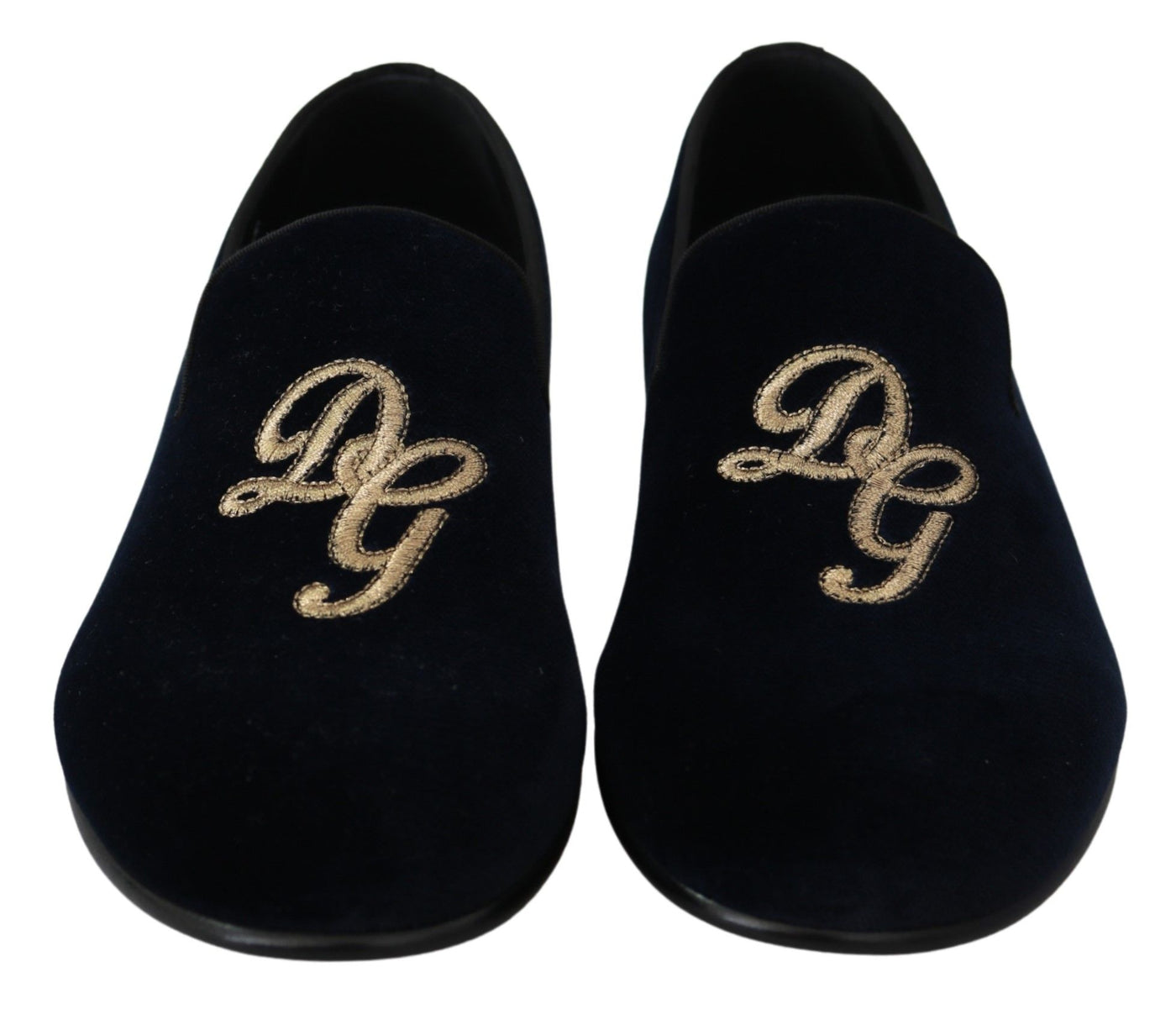 Dolce &amp; Gabbana Blue Velvet Gold Logo Slipper Loafers Schoenen