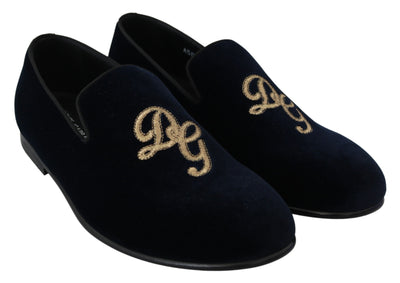Dolce &amp; Gabbana Blue Velvet Gold Logo Slipper Loafers Schoenen