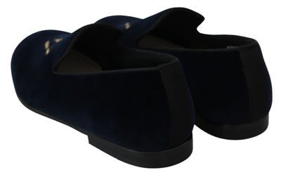 Dolce &amp; Gabbana Blue Velvet Gold Logo Slipper Loafers Schoenen