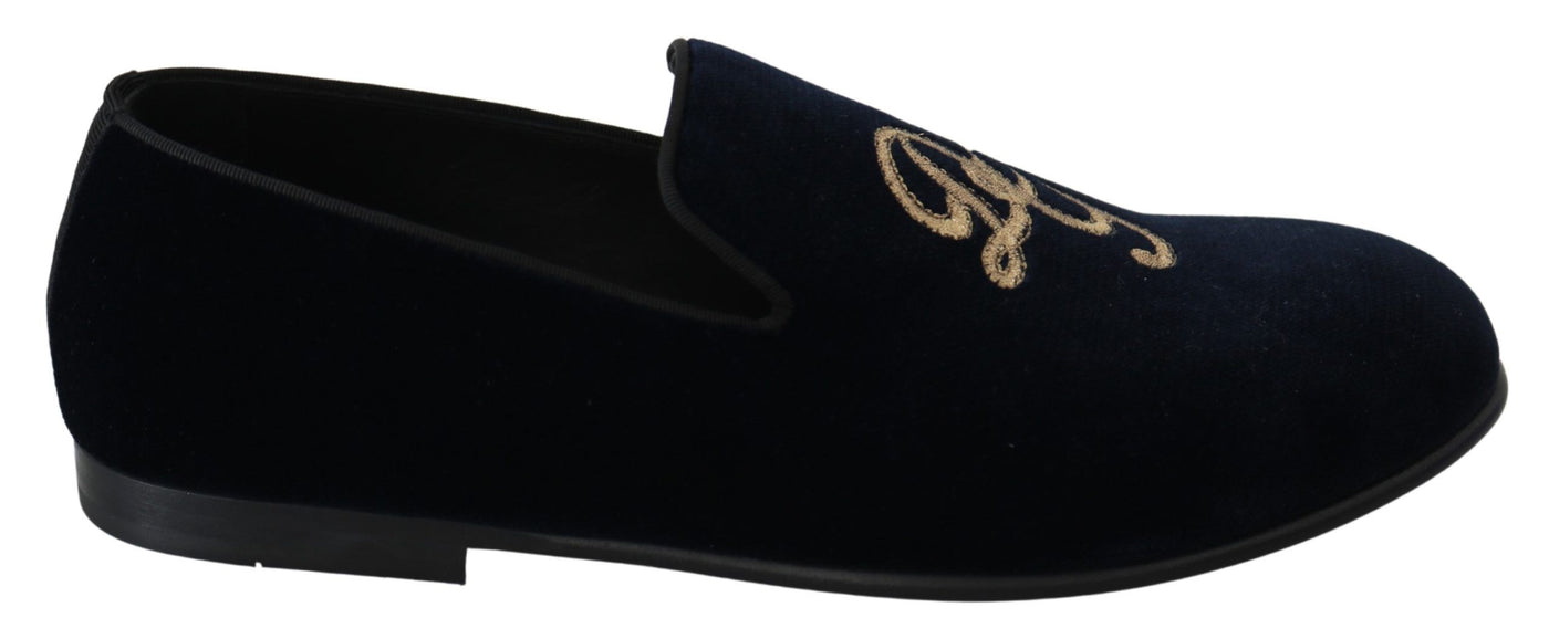 Dolce &amp; Gabbana Blue Velvet Gold Logo Slipper Loafers Schoenen