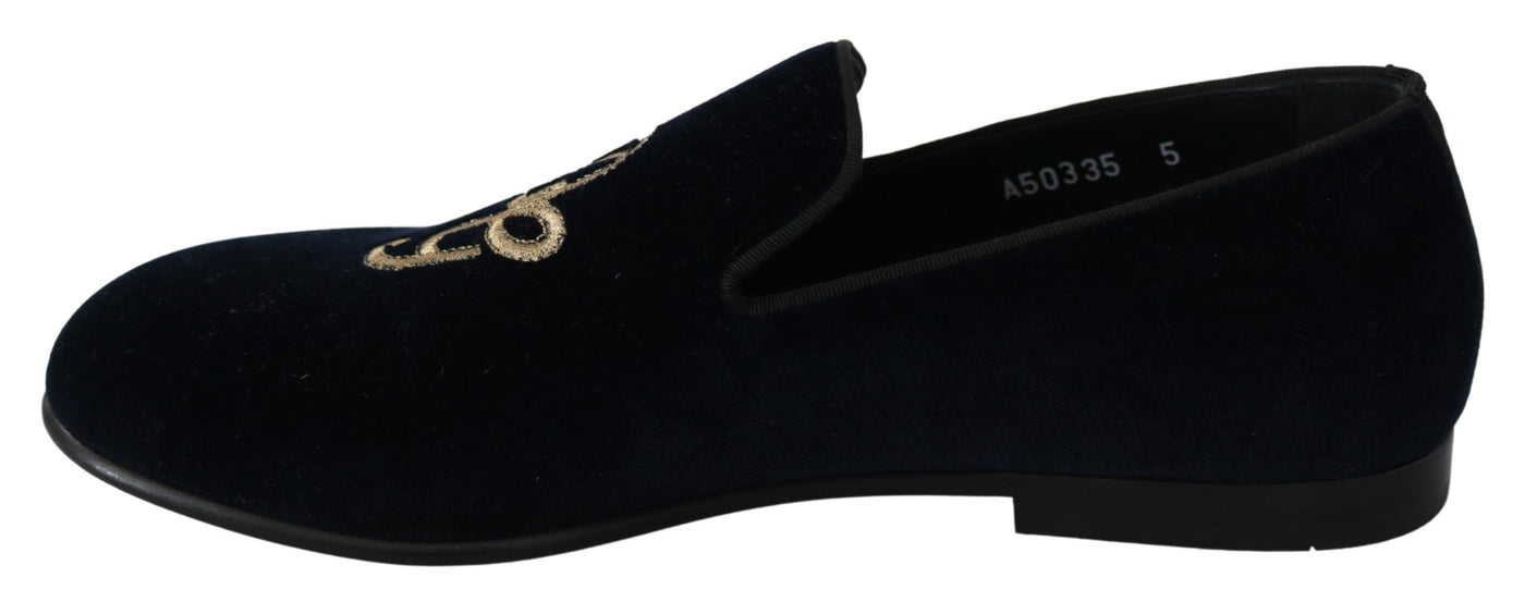 Dolce &amp; Gabbana Blue Velvet Gold Logo Slipper Loafers Schoenen
