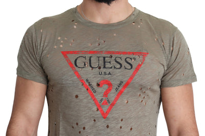 Guess Brown Cotton Stretch Logo Print Men Casual Perforated T-shirt