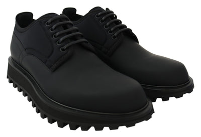 Dolce &amp; Gabbana Zwarte Rubberized Kalfsleren Dikke Derby Vulcano Schoenen