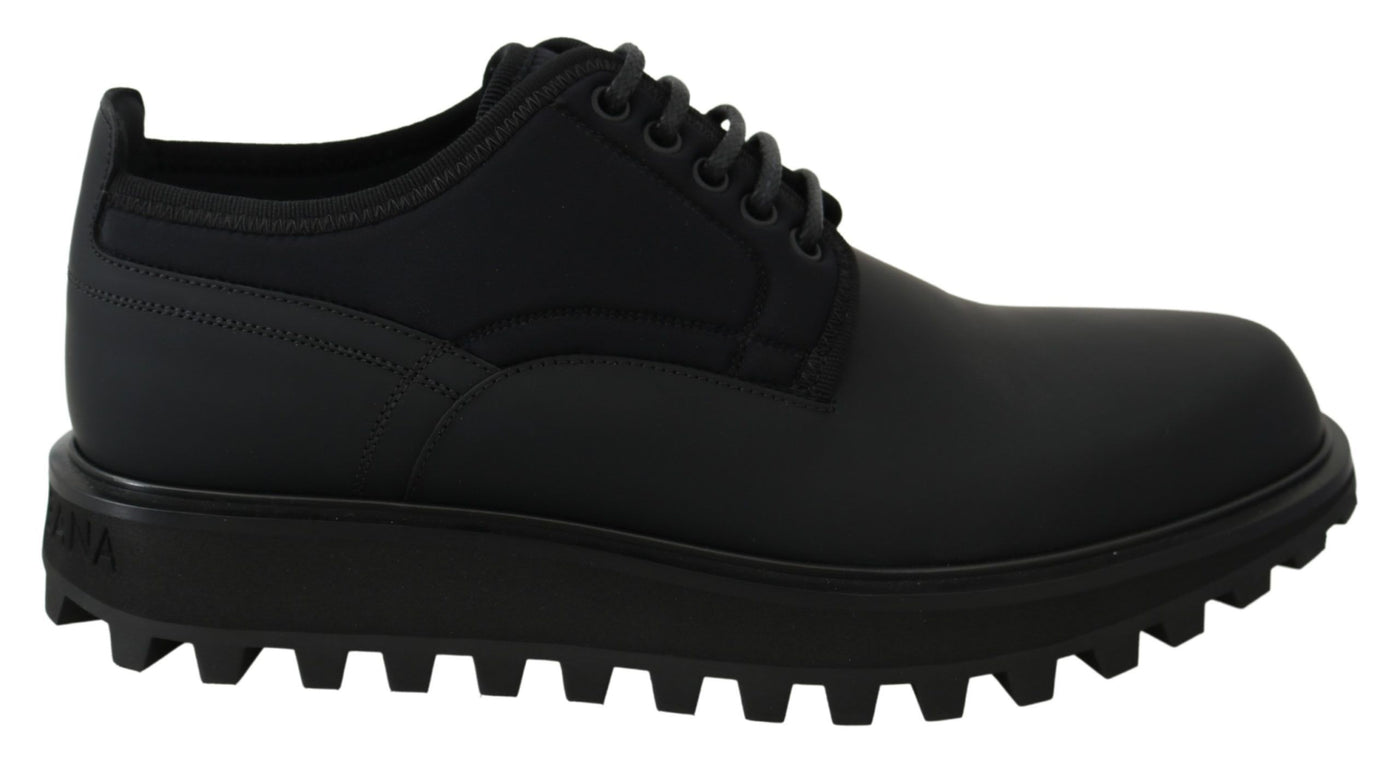 Dolce &amp; Gabbana Zwarte Rubberized Kalfsleren Dikke Derby Vulcano Schoenen