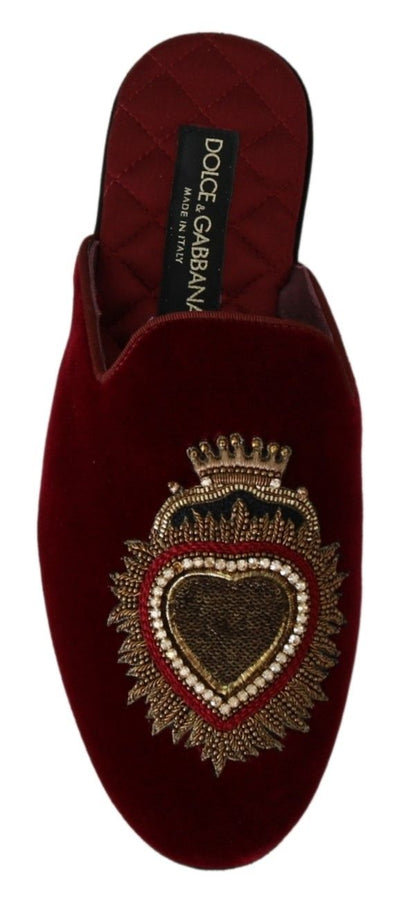 Dolce &amp; Gabbana Red Velvet Sacred Heart Borduurwerk Slides Schoenen