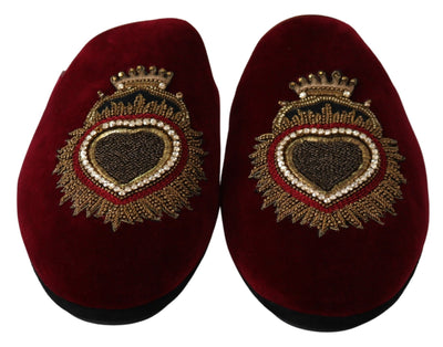 Dolce &amp; Gabbana Red Velvet Sacred Heart Borduurwerk Slides Schoenen