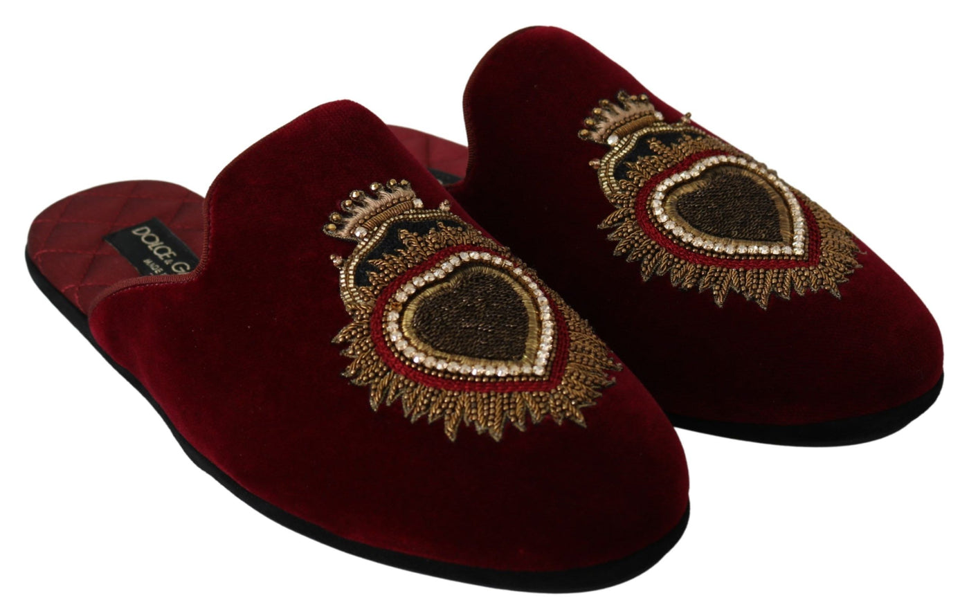 Dolce &amp; Gabbana Red Velvet Sacred Heart Borduurwerk Slides Schoenen