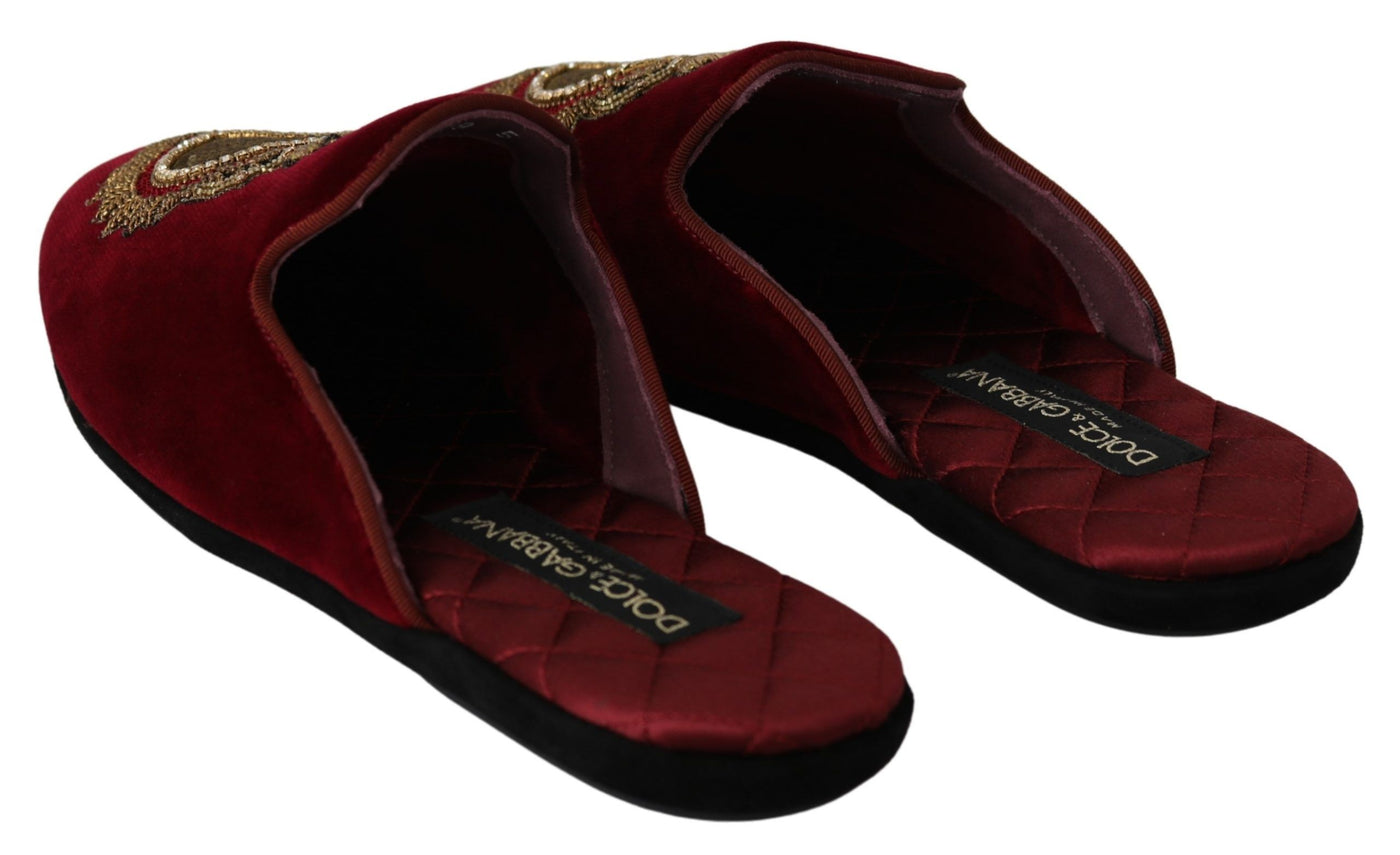 Dolce &amp; Gabbana Red Velvet Sacred Heart Borduurwerk Slides Schoenen