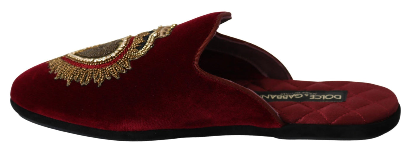 Dolce &amp; Gabbana Red Velvet Sacred Heart Borduurwerk Slides Schoenen