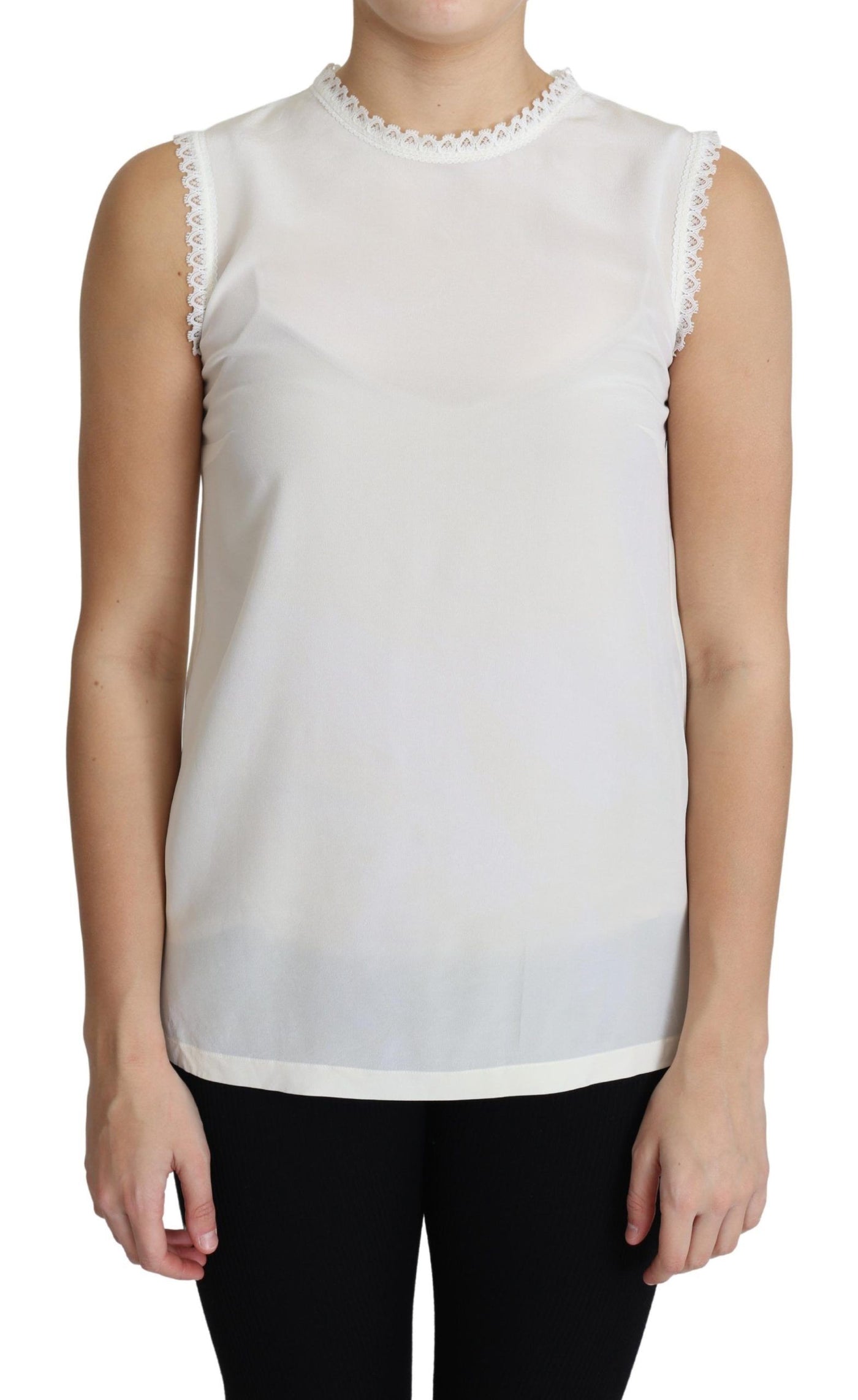 Dolce &amp; Gabbana Witte Blouse Zijden Kant Afgewerkt Mouwloos Topje