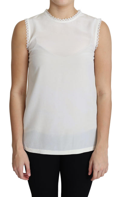 Dolce &amp; Gabbana Witte Blouse Zijden Kant Afgewerkt Mouwloos Topje