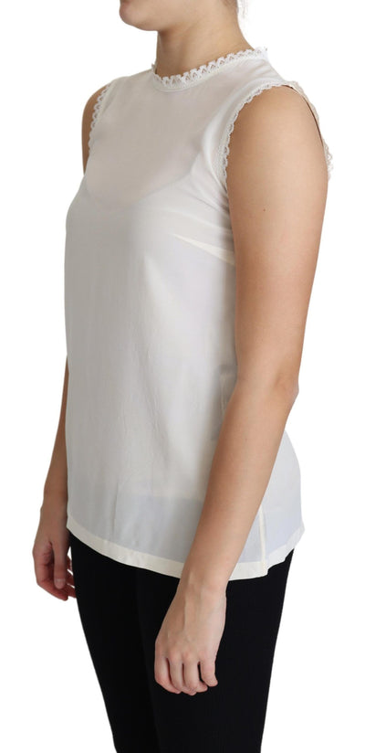 Dolce &amp; Gabbana Witte Blouse Zijden Kant Afgewerkt Mouwloos Topje