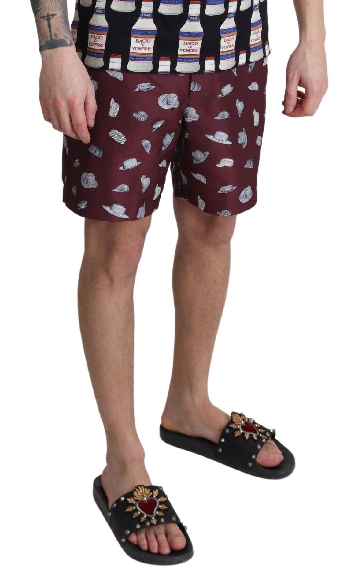 Dolce &amp; Gabbana Bordeaux Chapeaux Imprimé Maillots de bain Shorts Maillots de bain