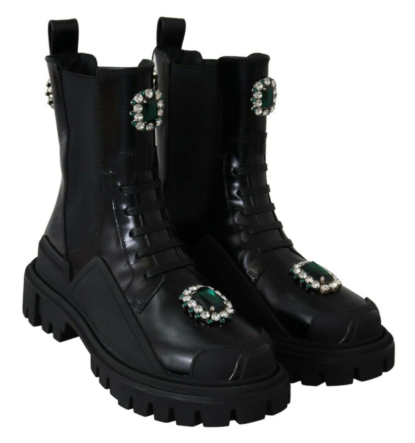 Bottines de combat en cuir noir et cristaux Dolce &amp; Gabbana