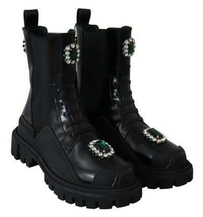 Bottines de combat en cuir noir et cristaux Dolce &amp; Gabbana