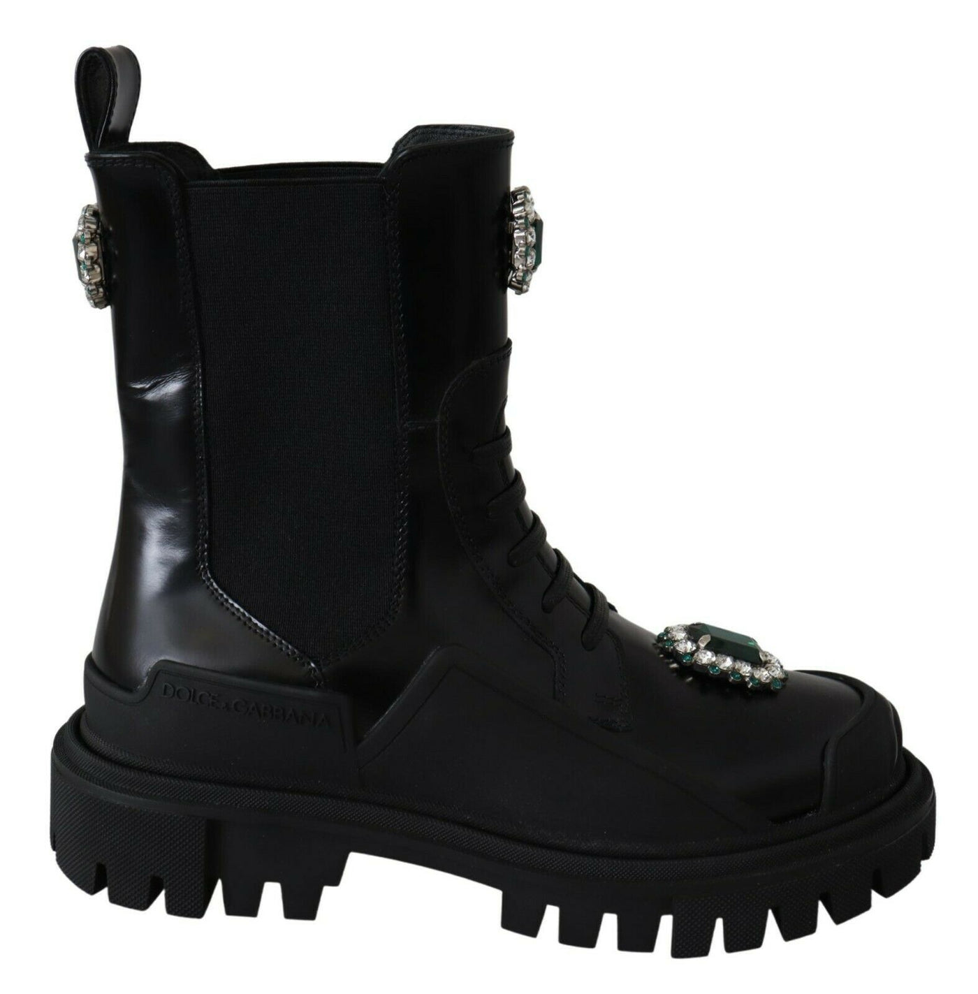 Bottines de combat en cuir noir et cristaux Dolce &amp; Gabbana