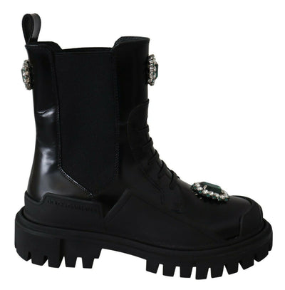 Bottines de combat en cuir noir et cristaux Dolce &amp; Gabbana