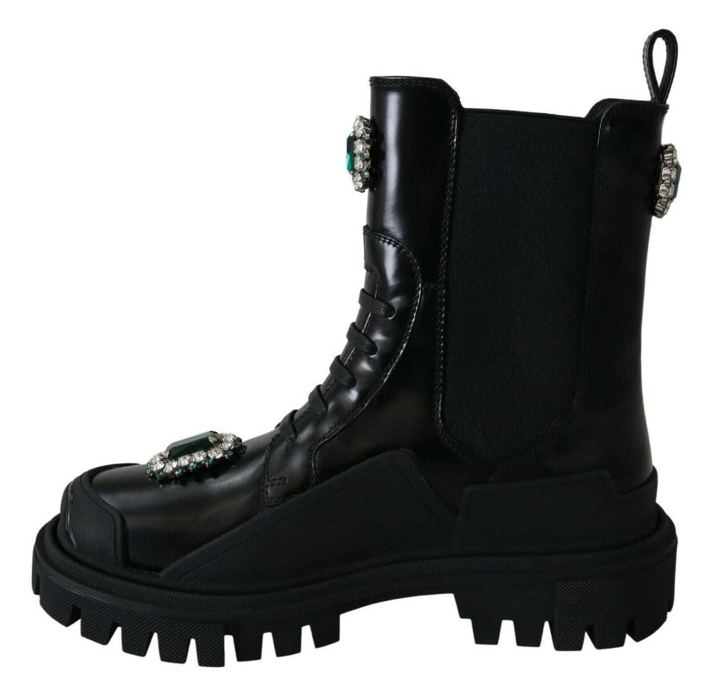 Bottines de combat en cuir noir et cristaux Dolce &amp; Gabbana