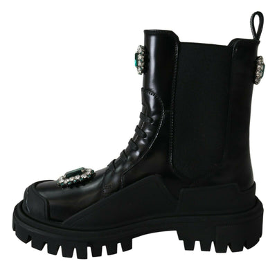 Bottines de combat en cuir noir et cristaux Dolce &amp; Gabbana
