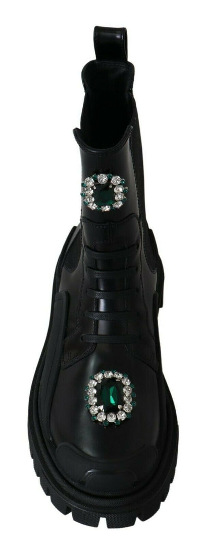 Bottines de combat en cuir noir et cristaux Dolce &amp; Gabbana