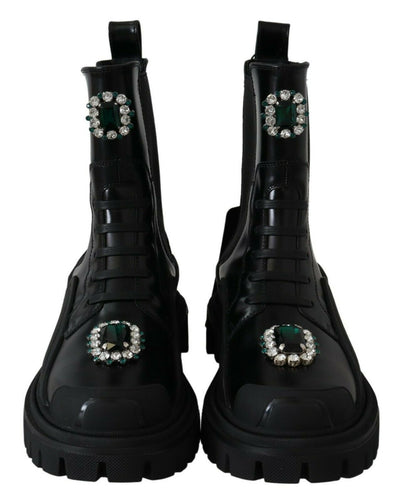 Bottines de combat en cuir noir et cristaux Dolce &amp; Gabbana