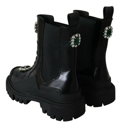 Bottines de combat en cuir noir et cristaux Dolce &amp; Gabbana