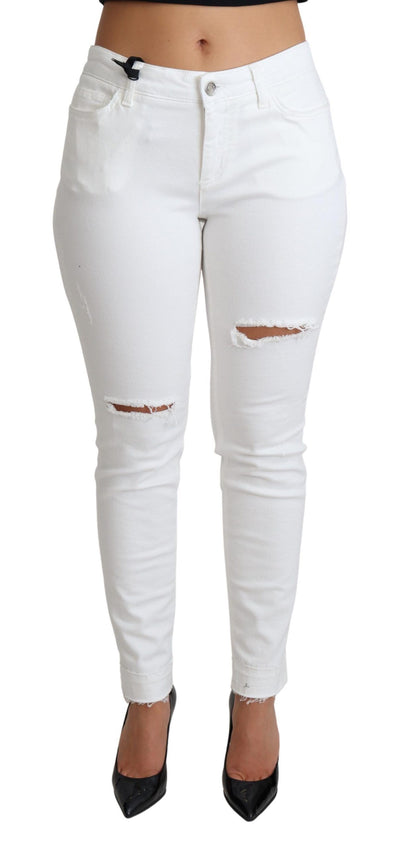 Dolce &amp; Gabbana Witte Gescheurde Skinny Denim Katoenen Stretch Jeans