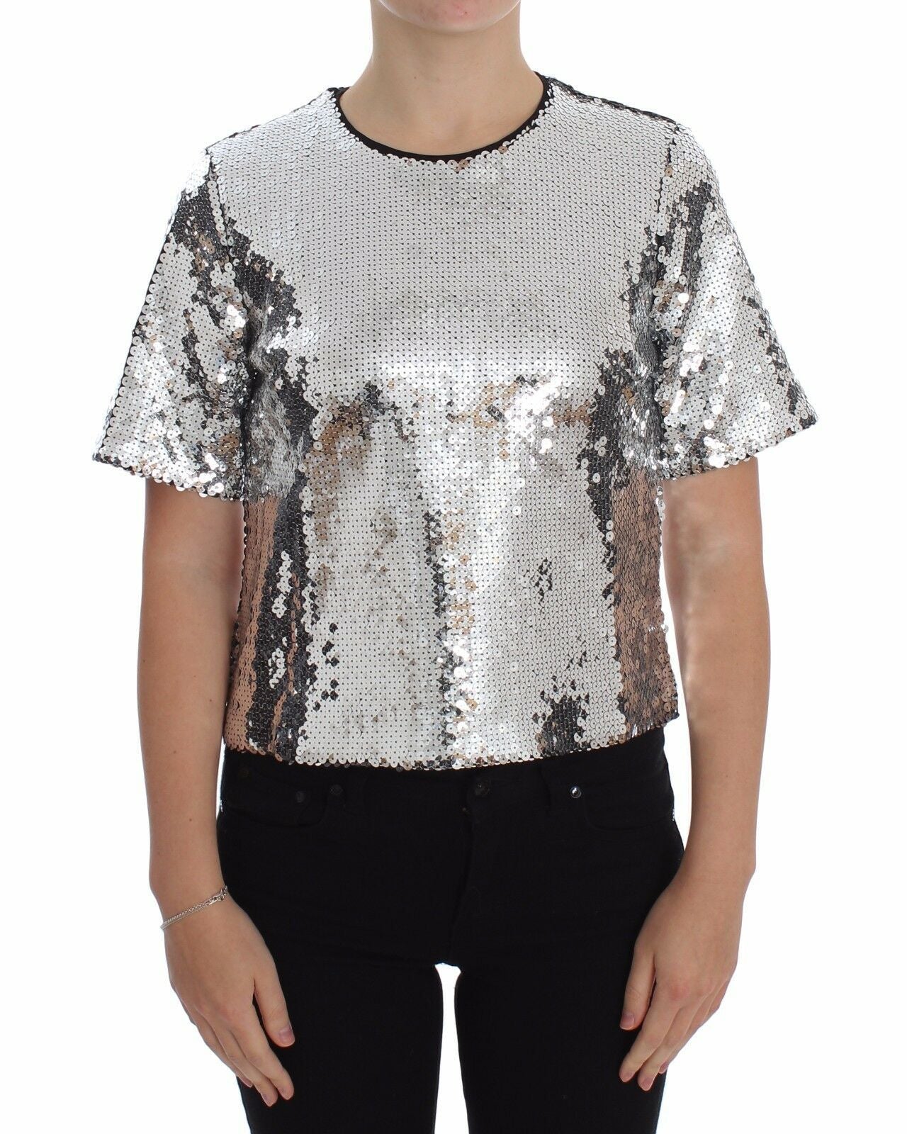 Dolce &amp; Gabbana Zilveren Pailletten Ronde Hals Blouse T-shirt Top