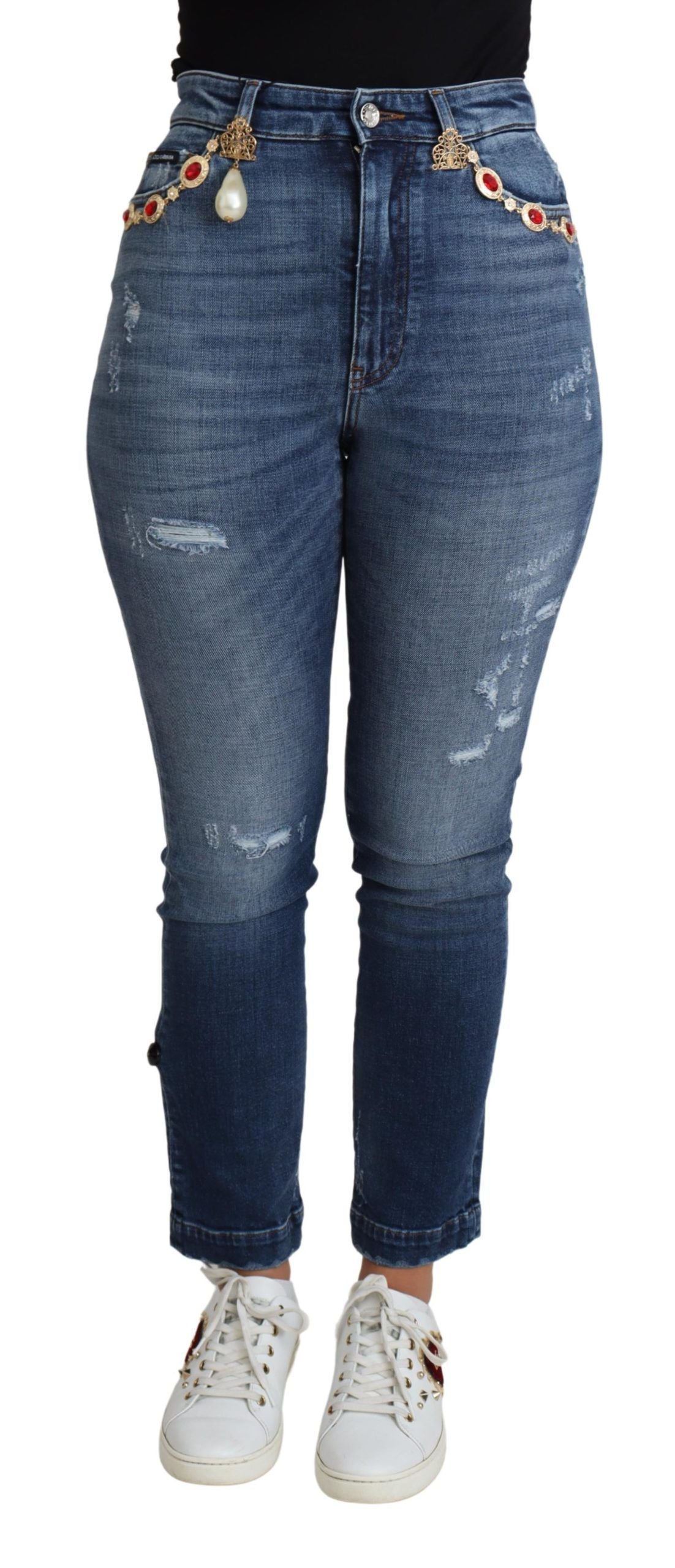 Dolce &amp; Gabbana Blauwe Versierde Skinny Broek Katoenen Jeans