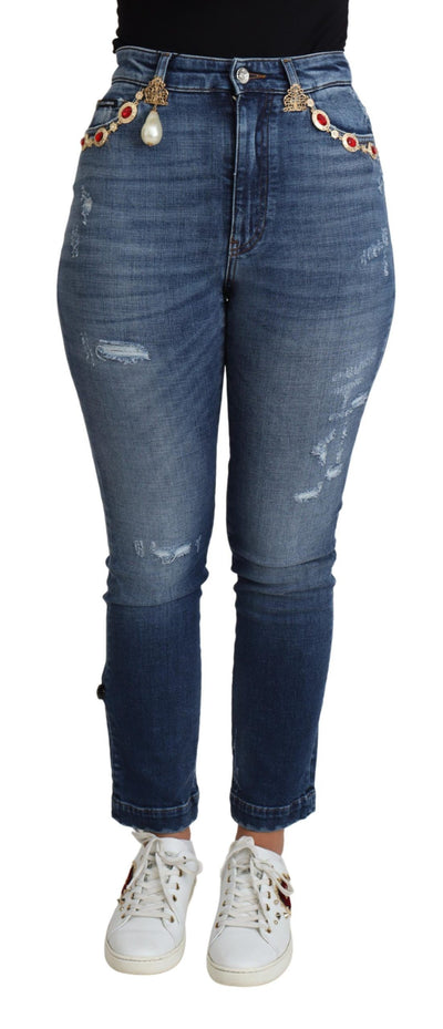 Dolce &amp; Gabbana Blauwe Versierde Skinny Broek Katoenen Jeans