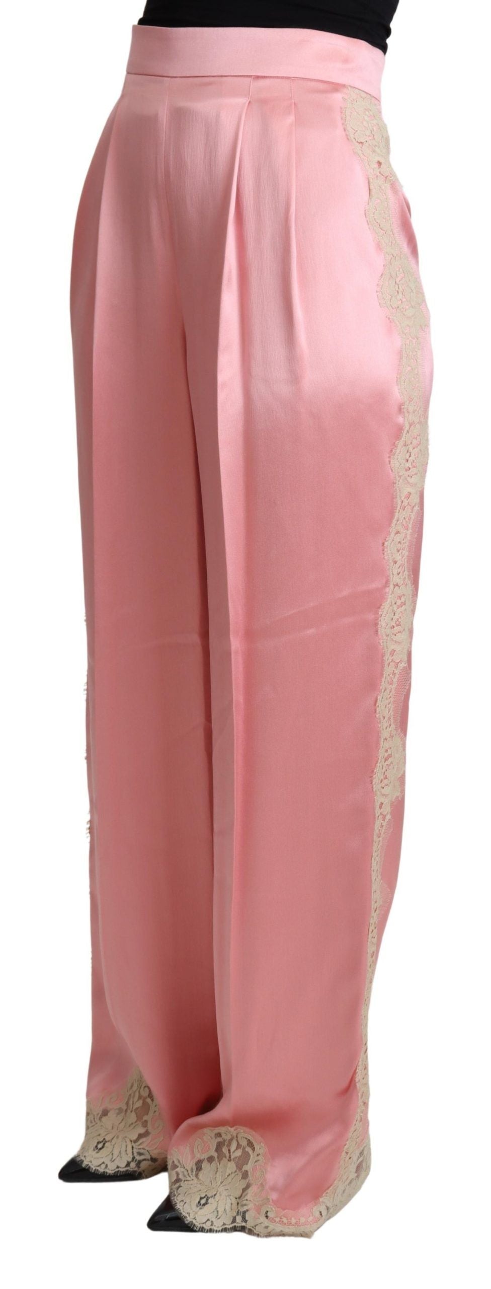 Dolce &amp; Gabbana roze zijden satijnen broek met kanten rand en wijde pijpen