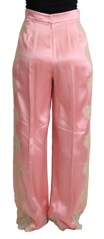 Dolce &amp; Gabbana roze zijden satijnen broek met kanten rand en wijde pijpen